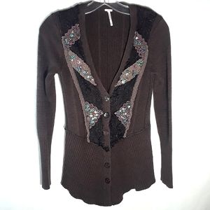 Free People silk blend cardigan brown lace beading